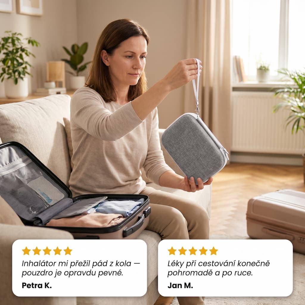 Žena drží pouzdro na inhalátor při balení na cesty, recenze zákazníků